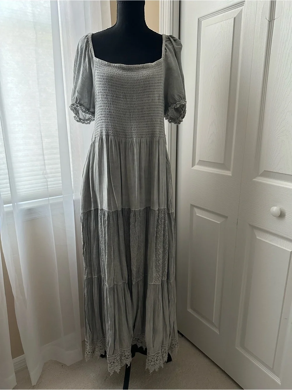 Young Threads Smocked Square-Neck Maxi Dress in Light Gray - Picture 1 of 7